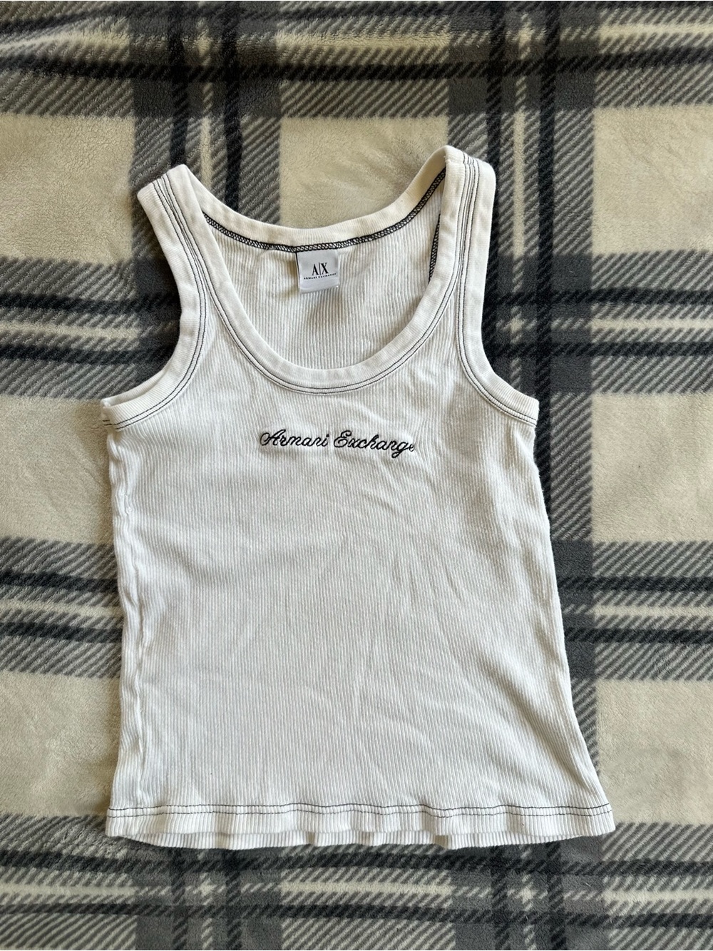 Armani Exchange Y2K White Ribbed Contrast Stitch Scoop Neck Tank
